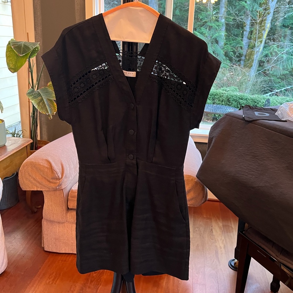 Sandro nyane guipure lace trimmed twill playsuit romper black S summer - Picture 11 of 13